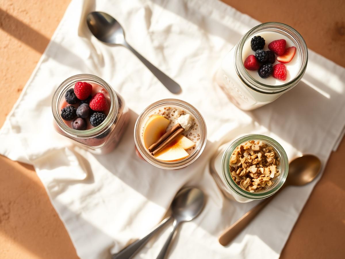 Mason jar breakfasts of chia pudding, overnight oats and yoghurt granola parfait with spoons on linen