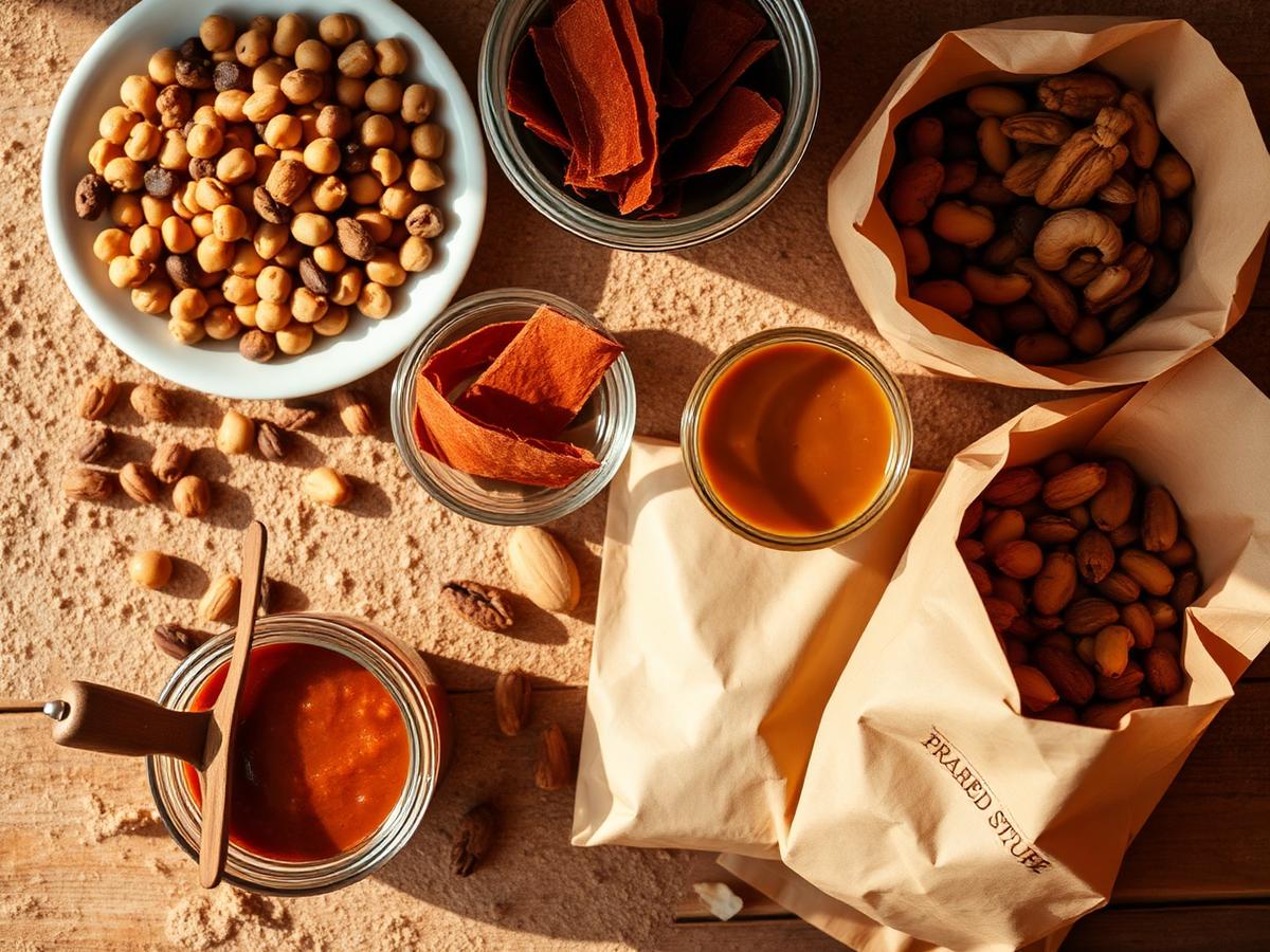 Dry travel provisions including trail mix, roasted chickpeas and fruit leather in kraft paper bags