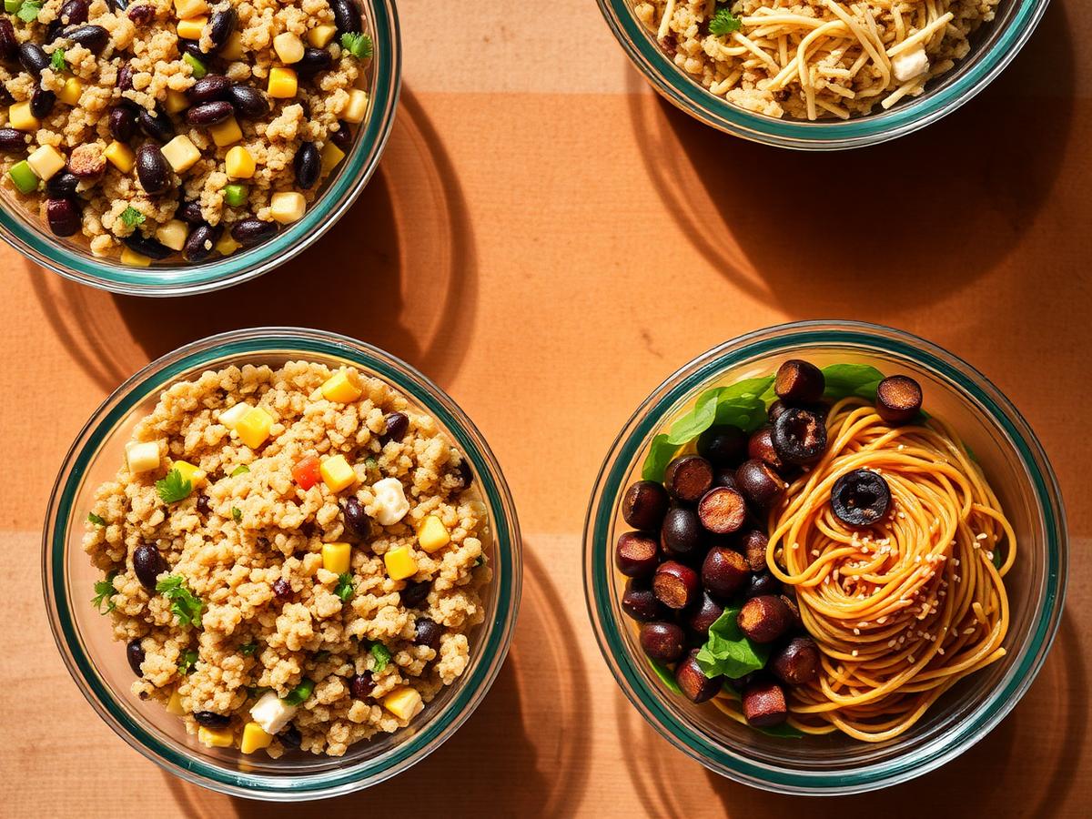 Grain salad bowls of quinoa, farro and sesame noodles in glass meal-prep containers