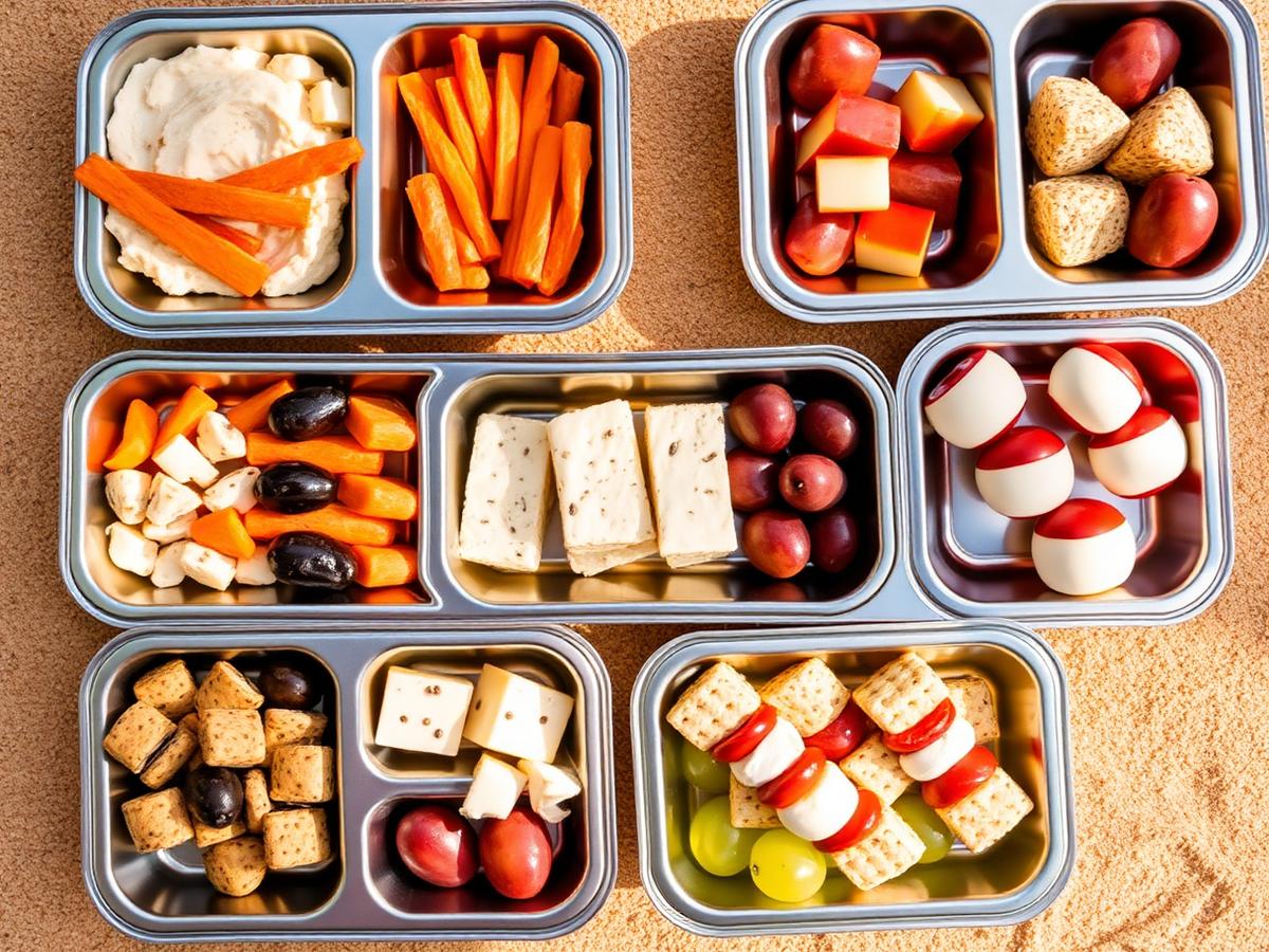 Stainless steel bento boxes filled with hummus, crackers, cheese, olives and caprese skewers