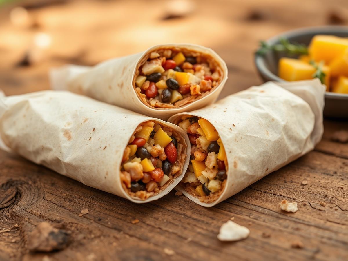 Bean and cheese tortilla wraps cut in half and wrapped in parchment paper